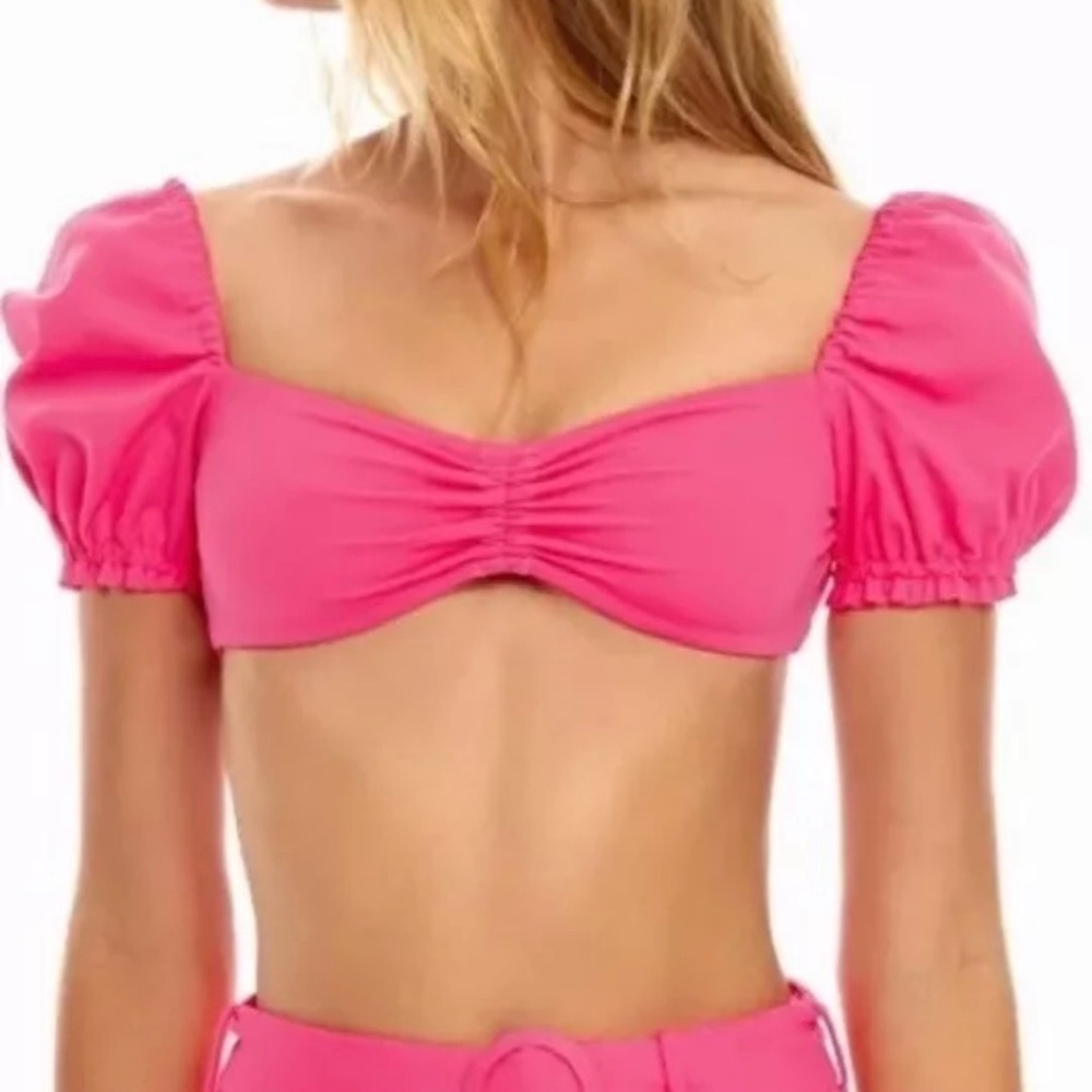 Agua Bendita Romina luau Pink Puff Sleeve bikini Top size small nwt